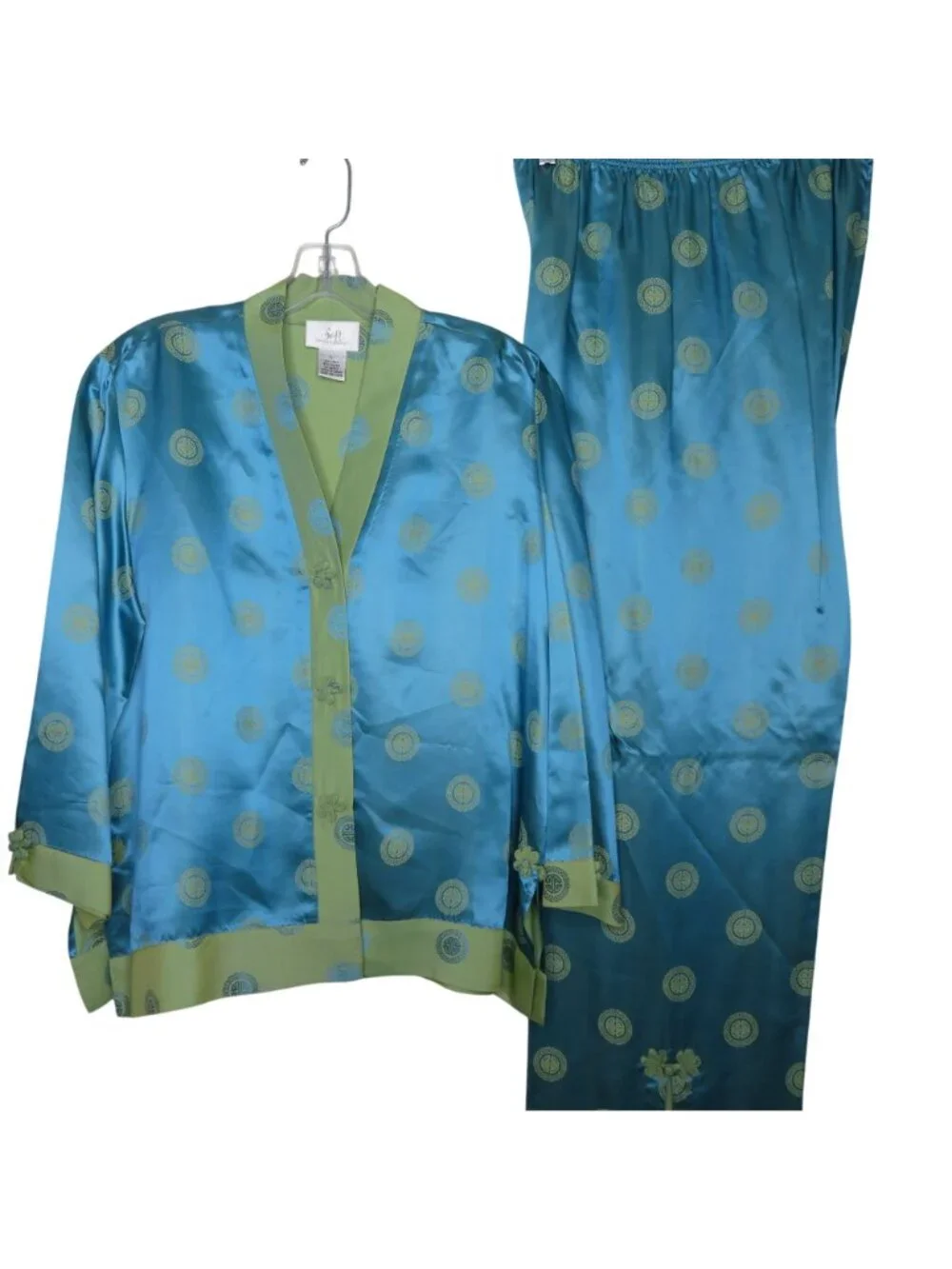 Soft Surroundings Blue Green Silk Blend Pajama Set Embroidered Floral Accents